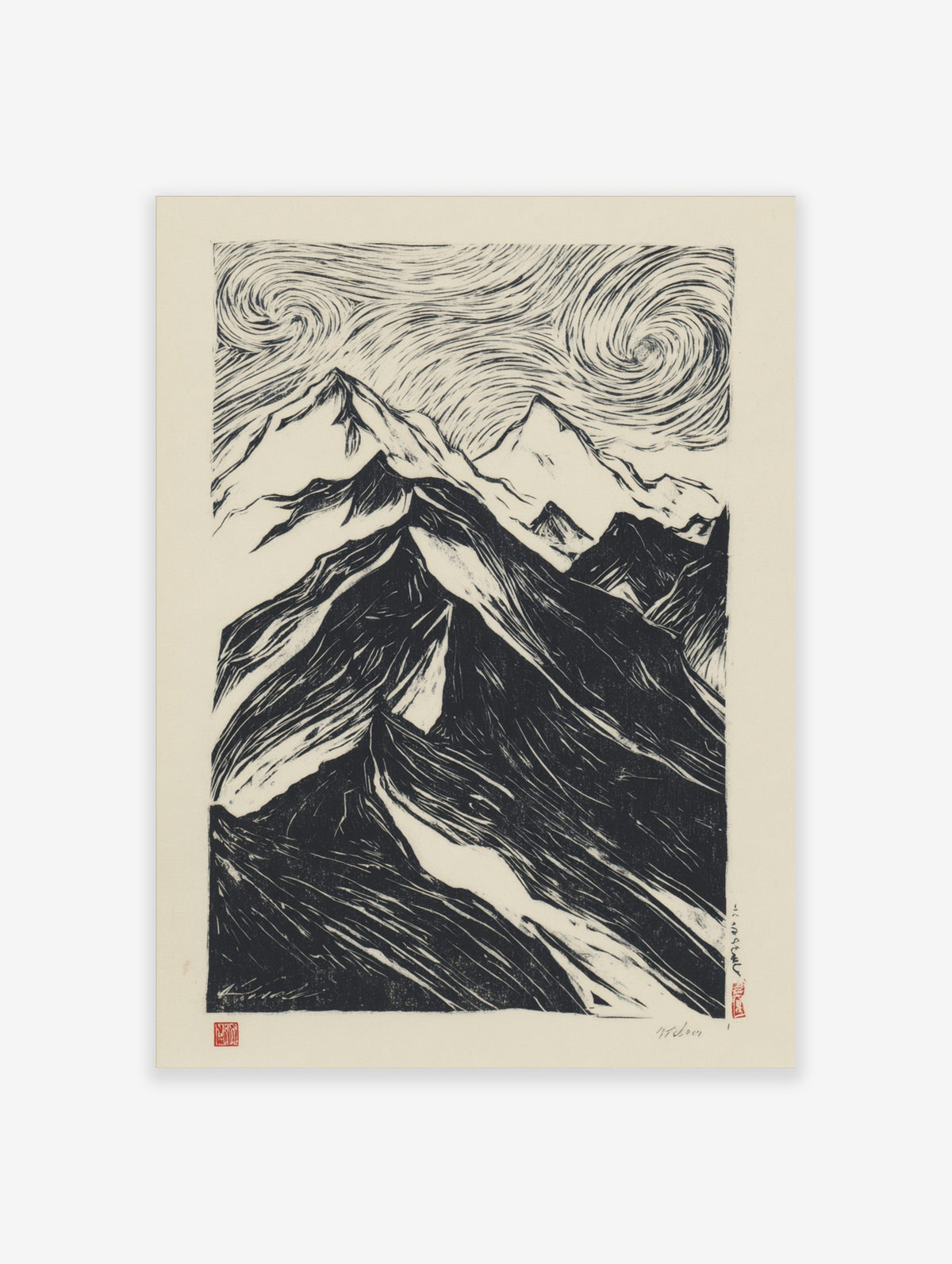 Black and white woodcut style print of a dramatic mountain range with swirling, textured sky