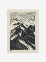 Black and white woodcut style print of a dramatic mountain range with swirling, textured sky