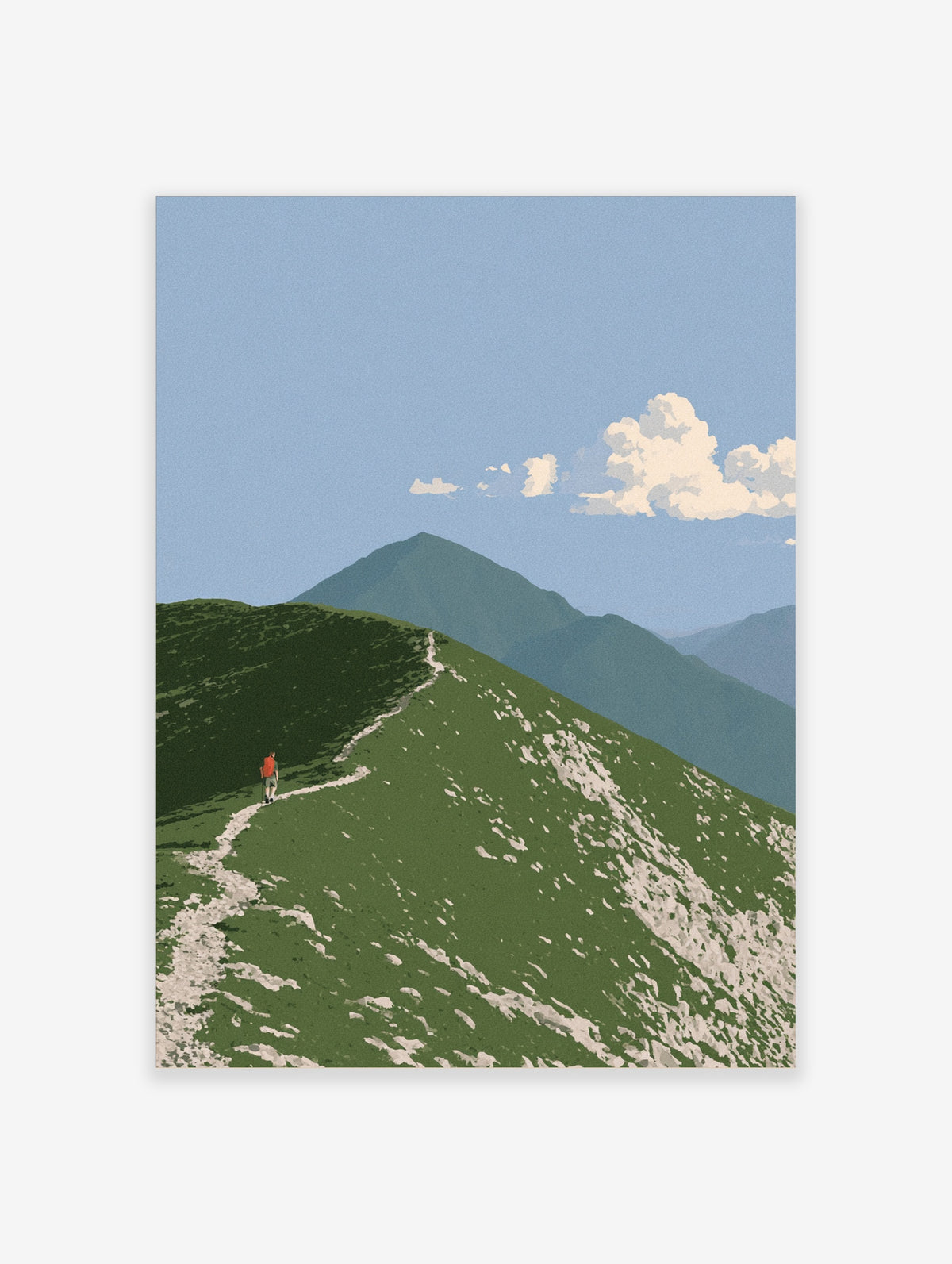 Illustrative mountain ridge wall art with a hiker wearing a red backpack on a green grassy path under a blue sky