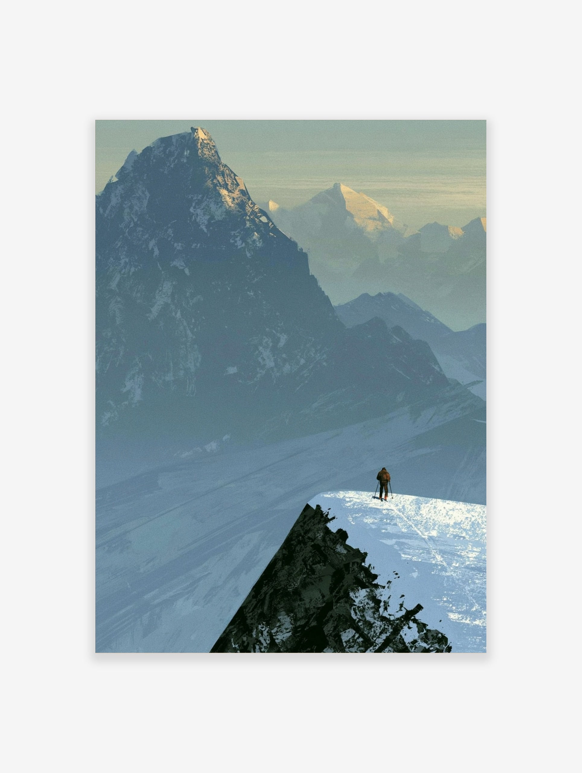 Illustrative mountain landscape art print showing a lone skier on a snowy ridge against a backdrop of distant peaks