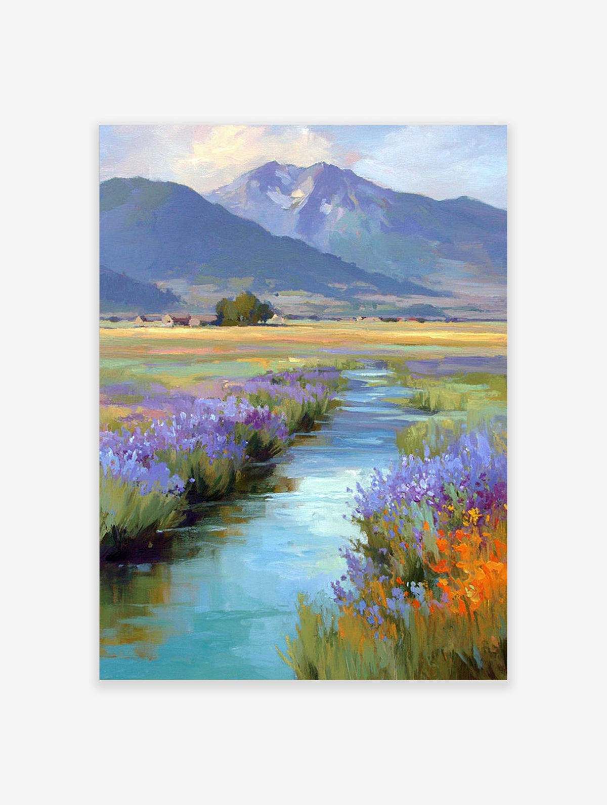 Impressionistic painting of a winding stream with purple and orange wildflowers leading to mountains and fields