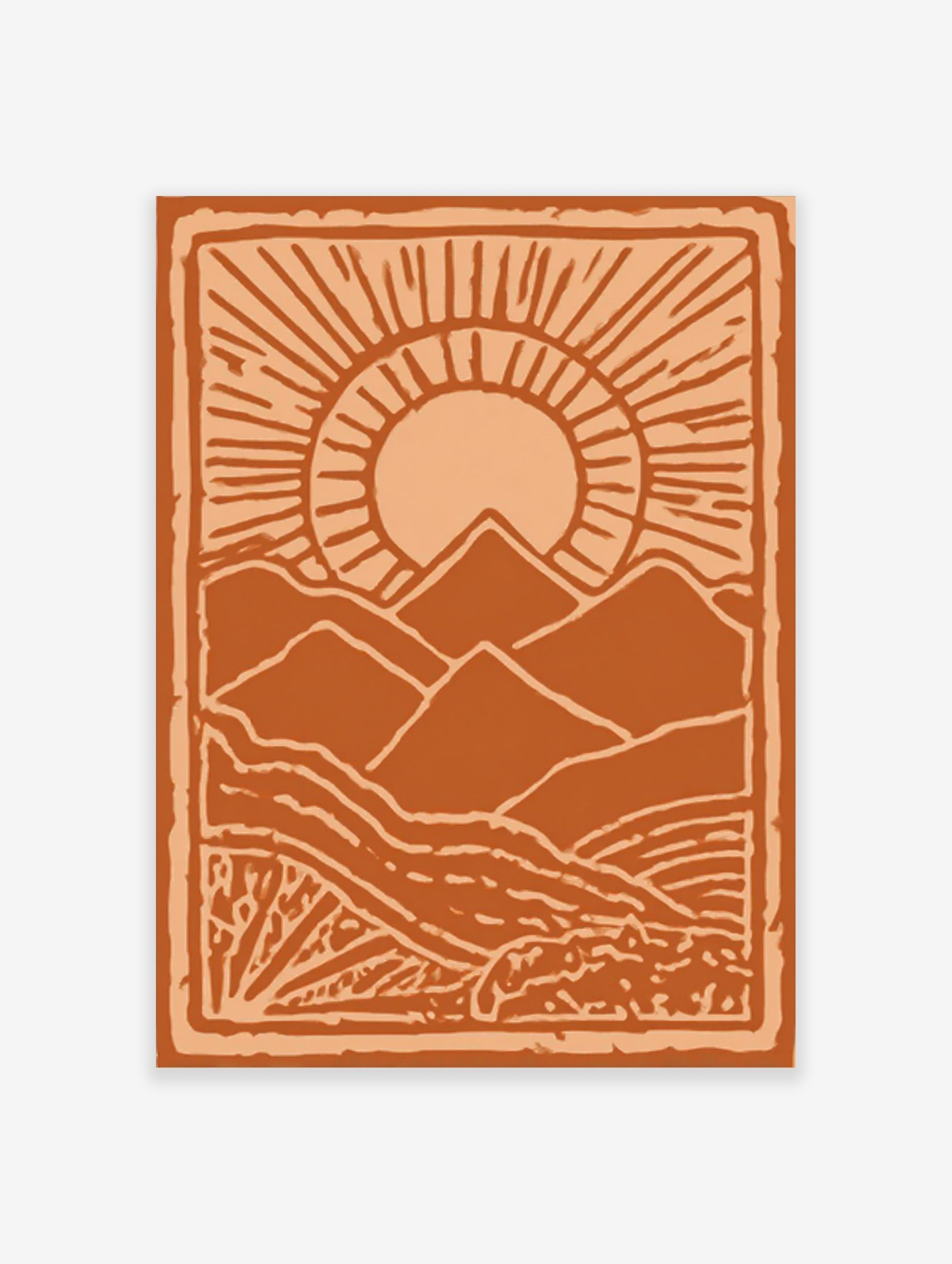 Stylised orange mountain landscape art print with a radiant sun and textured foreground, framed by a border