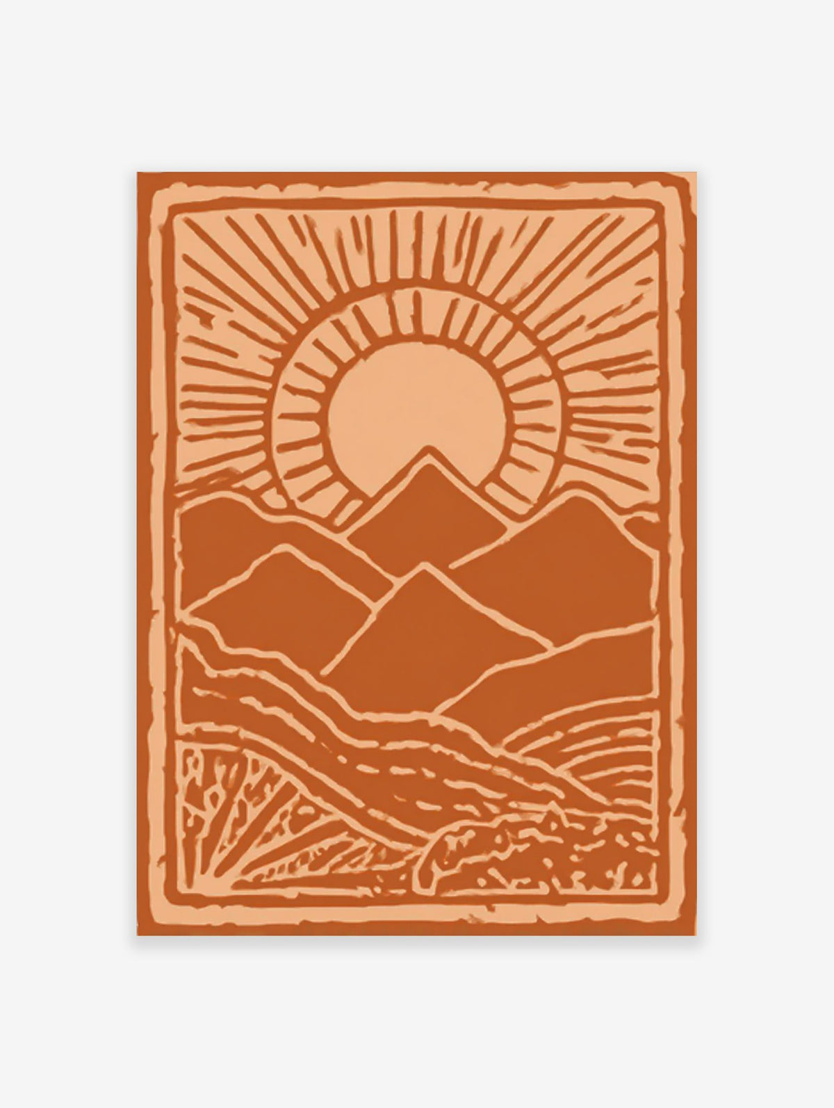 Stylised orange mountain landscape art print with a radiant sun and textured foreground, framed by a border