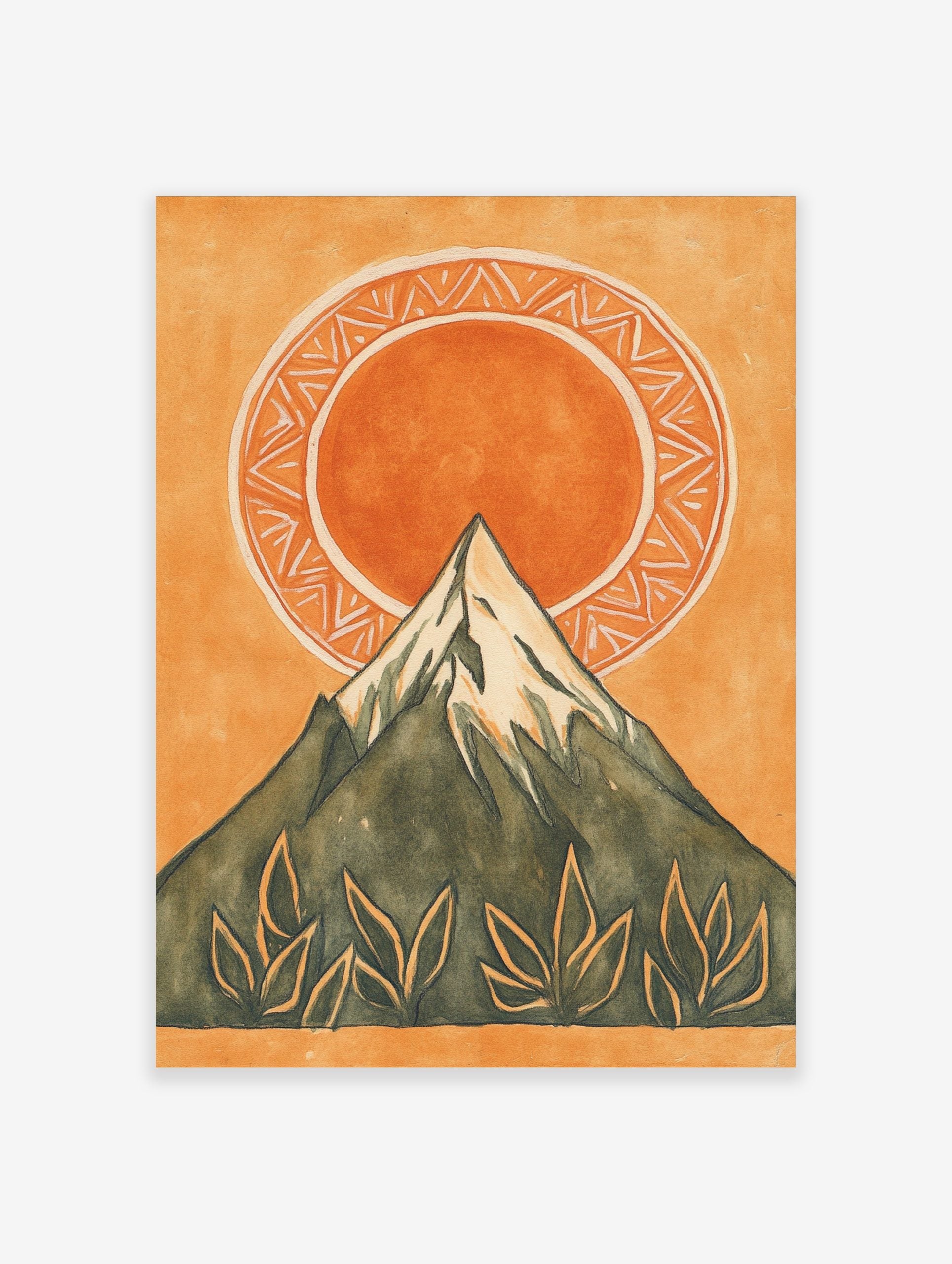 Illustrative mountain and sun wall art print with green peak, orange sun, patterned circle, and leaves