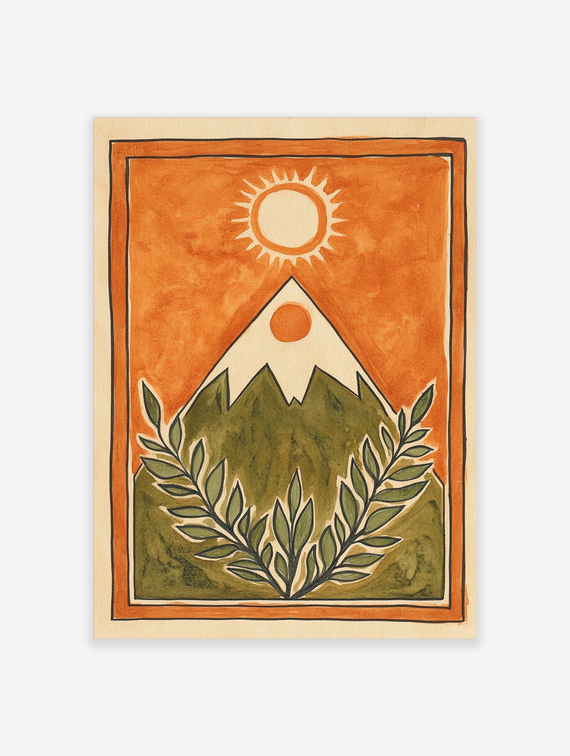 Illustrative mountain landscape with sun and green leafy branches on an orange background, framed by a border