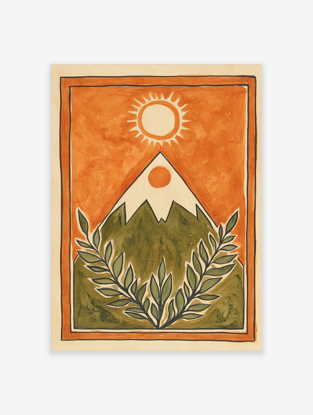Illustrative mountain landscape with sun and green leafy branches on an orange background, framed by a border