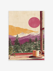 Illustrative mountain landscape through a window, with pine trees, purple mountains, red sun, coffee mug, and plant