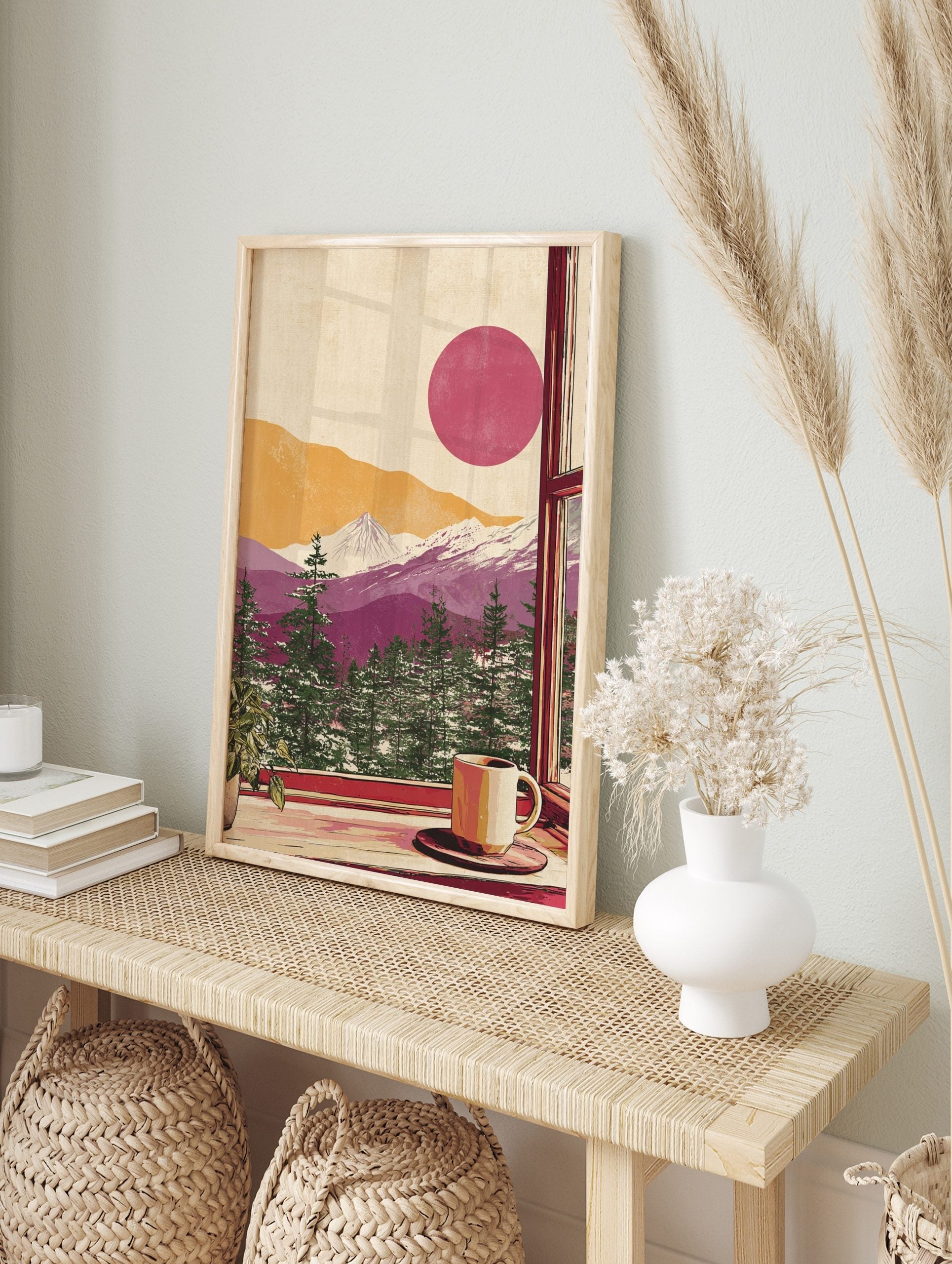 Illustrative mountain landscape through a window, with pine trees, purple mountains, red sun, in an alternate framed mockup