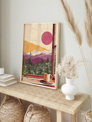 Illustrative mountain landscape through a window, with pine trees, purple mountains, red sun, in an alternate framed mockup