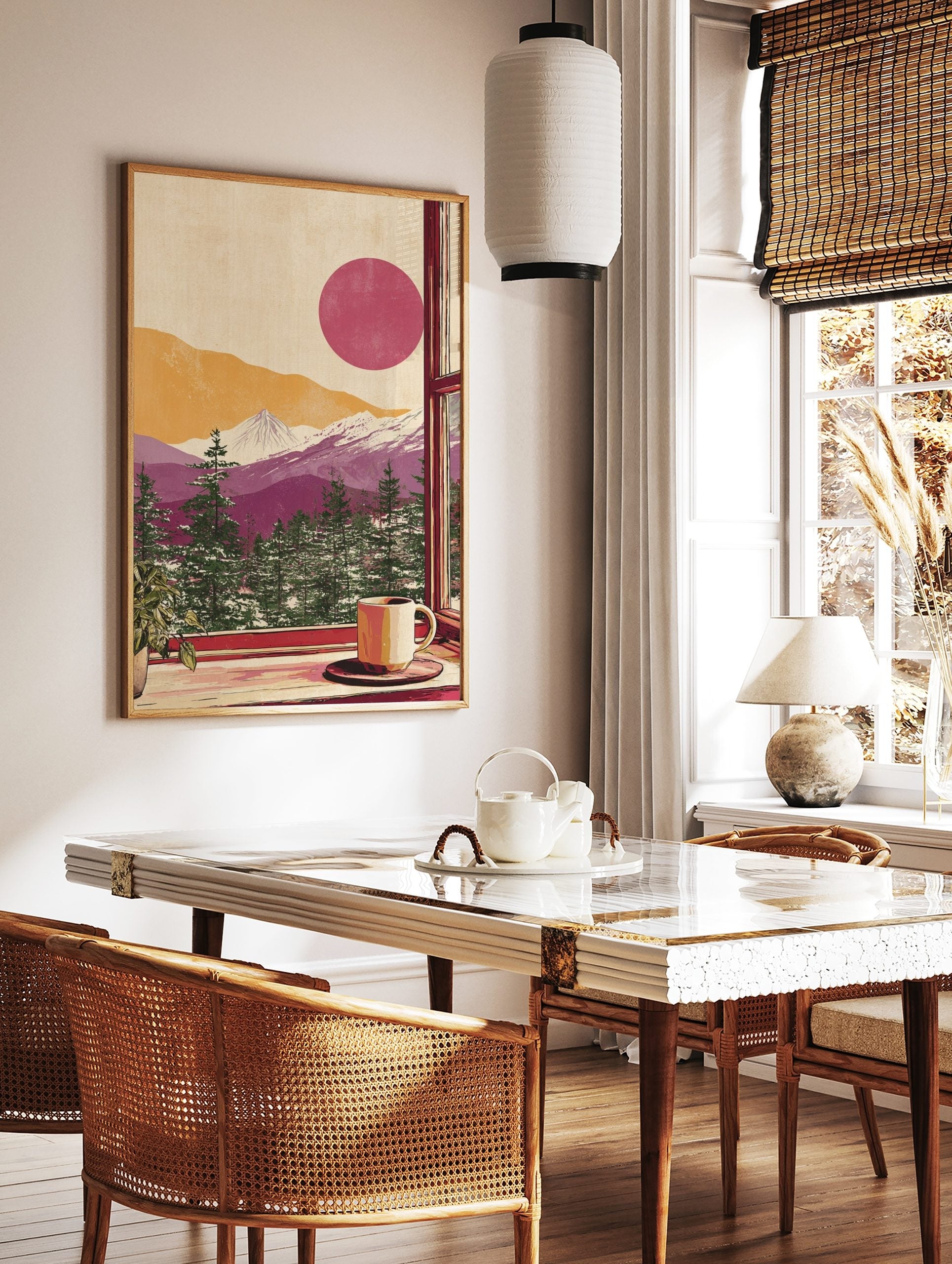 Illustrative mountain landscape through a window, with pine trees, purple mountains, red sun, in a styled room mockup