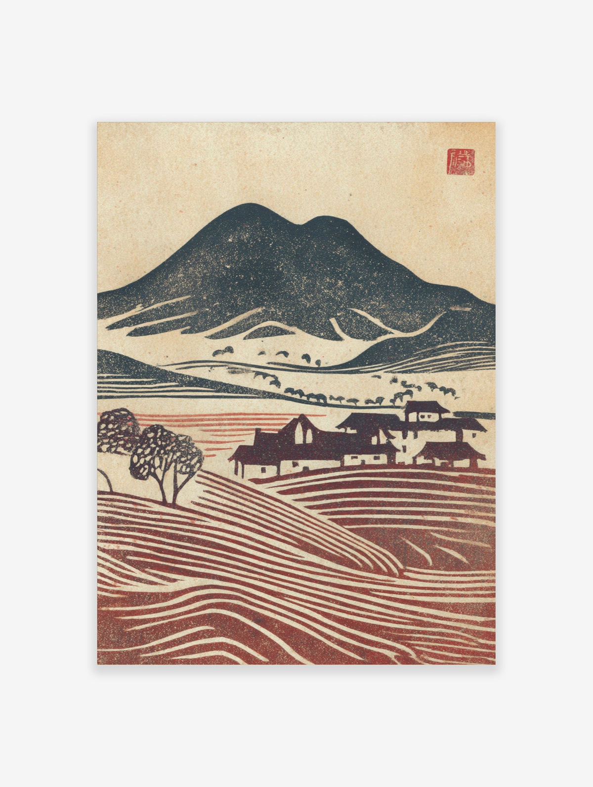Woodblock print of navy mountains, red terraced fields, and houses in a rustic village landscape