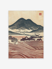 Woodblock print of navy mountains, red terraced fields, and houses in a rustic village landscape