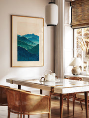 Blue and green layered mountain landscape wall art print with textured patterns and a light beige sky. - Image 2