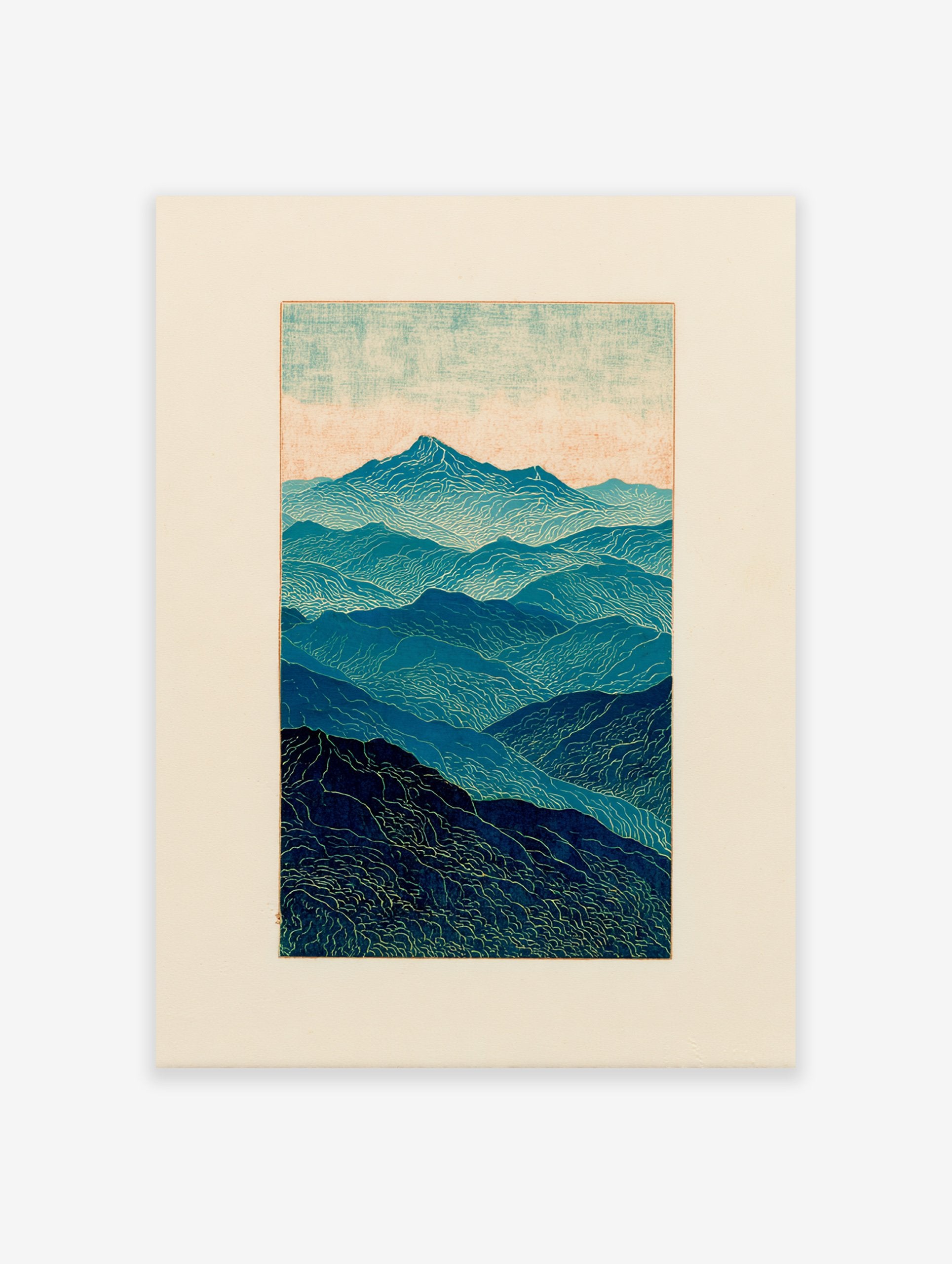 Stylized blue mountain landscape wall art print with layered peaks and wavy textures under a light sky.