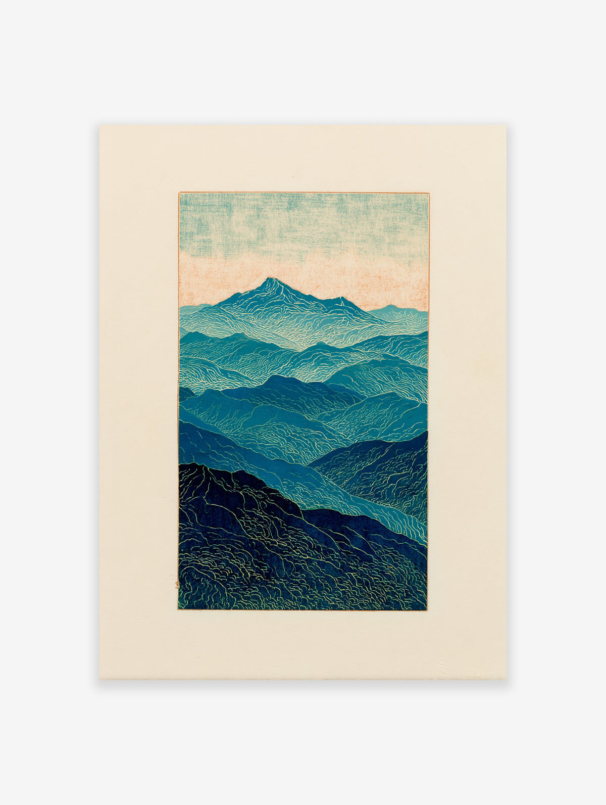 Stylized blue mountain landscape wall art print with layered peaks and wavy textures under a light sky.