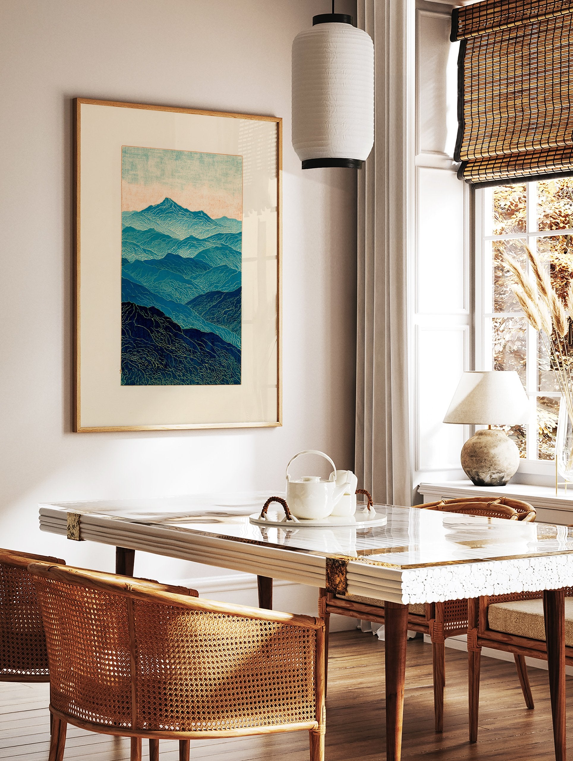 Stylized blue mountain landscape wall art print with layered peaks and wavy textures under a light sky. - Image 2