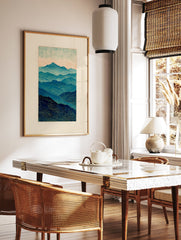 Stylized blue mountain landscape wall art print with layered peaks and wavy textures under a light sky. - Image 2