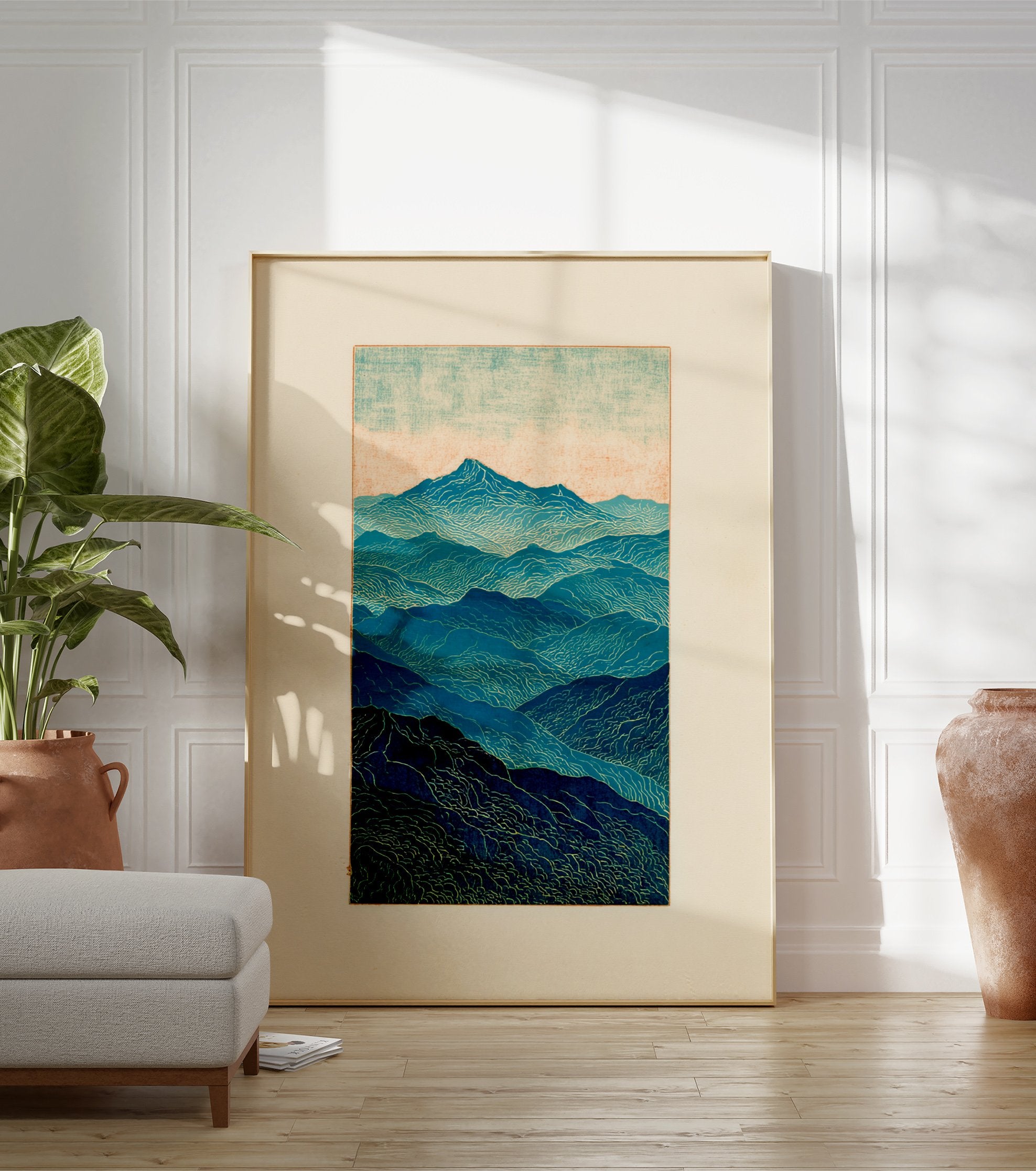 Stylized blue mountain landscape wall art print with layered peaks and wavy textures under a light sky. - Image 3