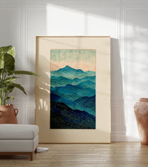 Stylized blue mountain landscape wall art print with layered peaks and wavy textures under a light sky. - Image 3