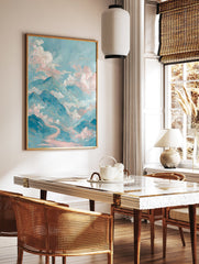 Ethereal mountain wall art painting with teal and pink clouds, golden lines, and a winding pink path through a serene landscape. - Image 2