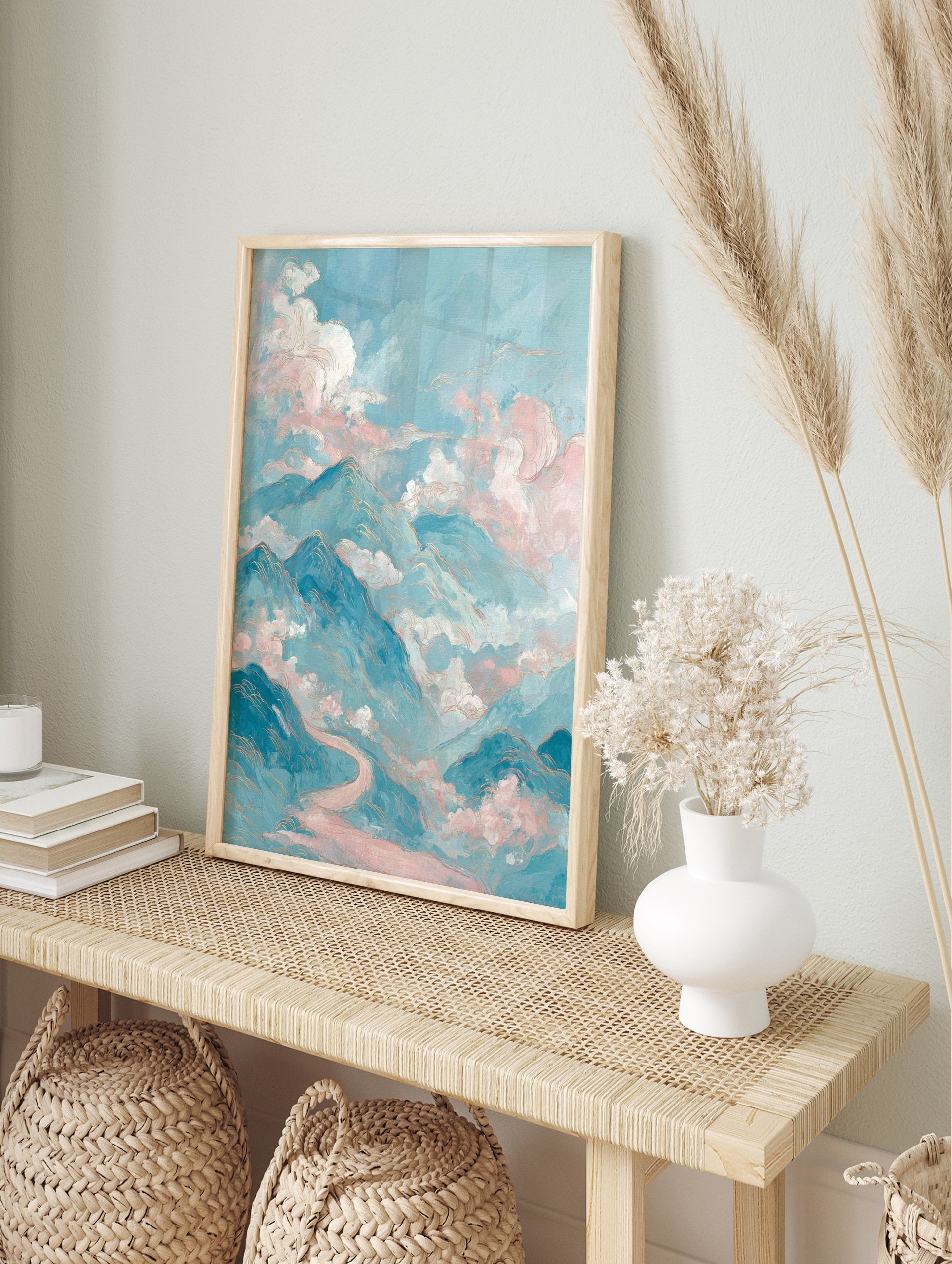 Ethereal mountain wall art painting with teal and pink clouds, golden lines, and a winding pink path through a serene landscape. - Image 3