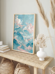 Ethereal mountain wall art painting with teal and pink clouds, golden lines, and a winding pink path through a serene landscape. - Image 3