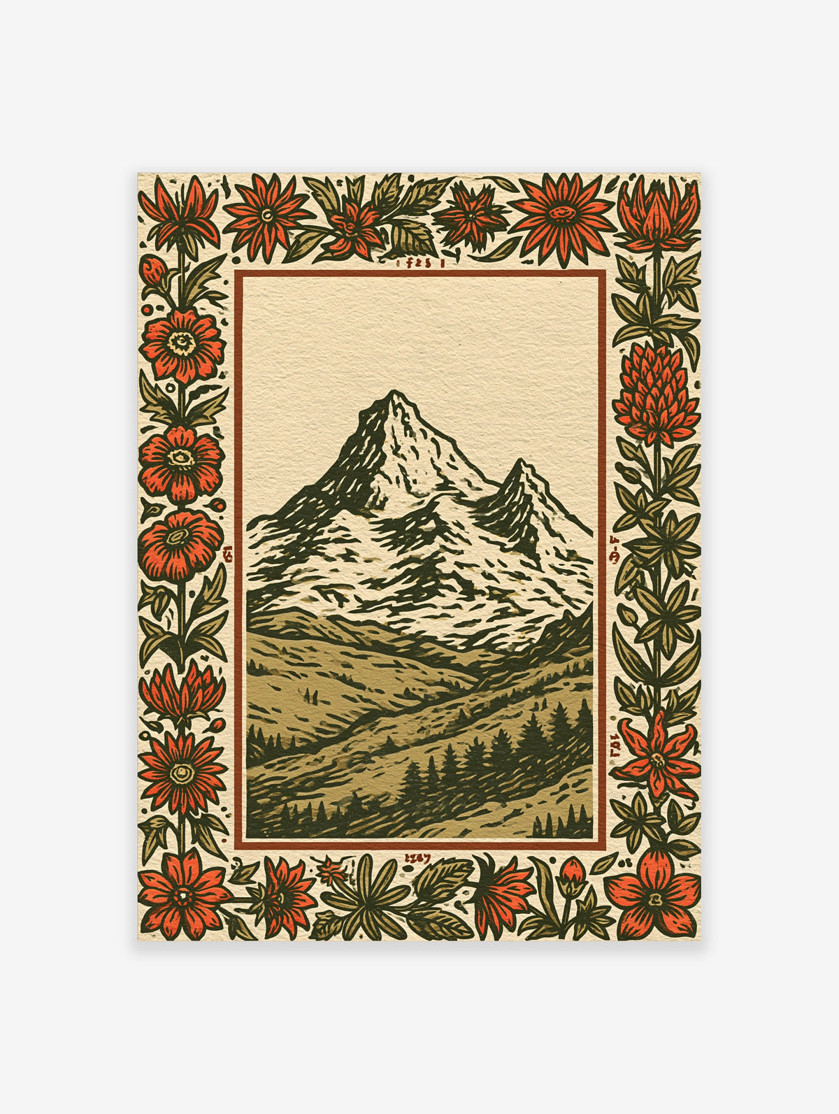 Mountain landscape with red floral border, olive green and cream, illustrative wall art print