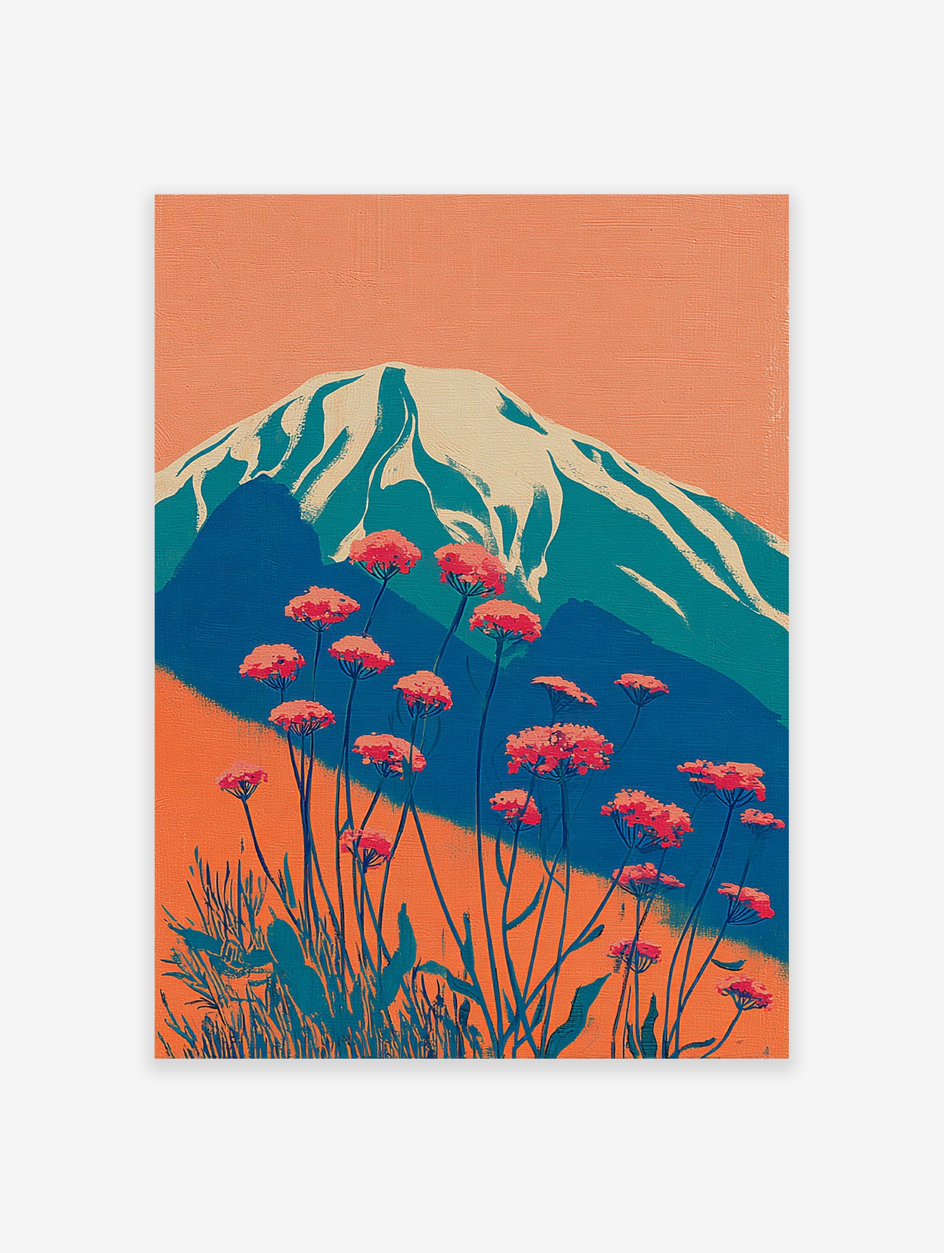 Japanese mountain wall art with snow-capped peak, orange sky, and red wildflowers in a modern illustrative style.