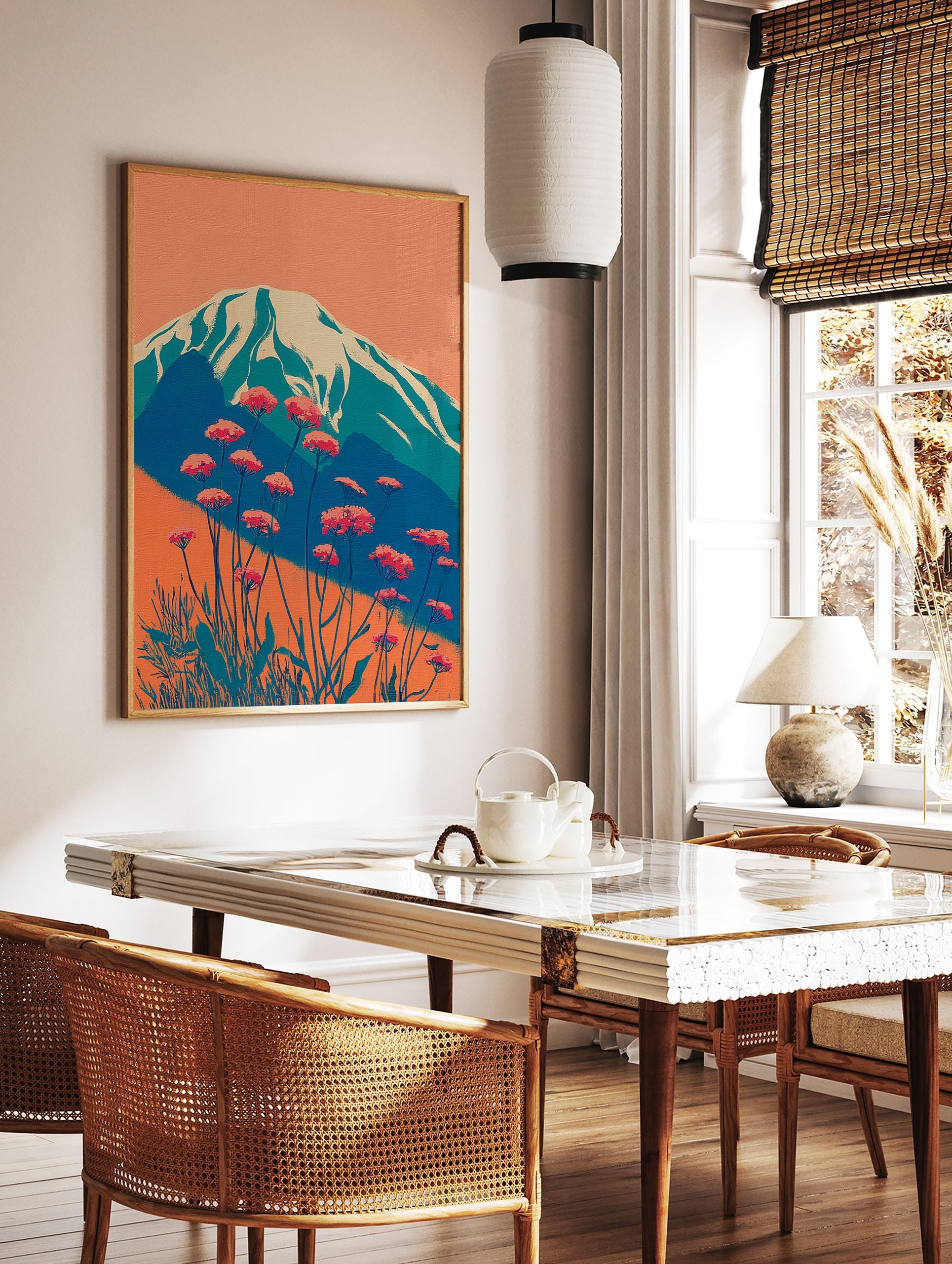 Japanese mountain wall art with snow-capped peak, orange sky, and red wildflowers in a modern illustrative style. - Image 2