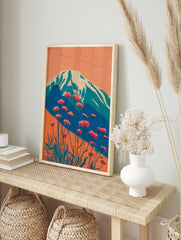 Japanese mountain wall art with snow-capped peak, orange sky, and red wildflowers in a modern illustrative style. - Image 3
