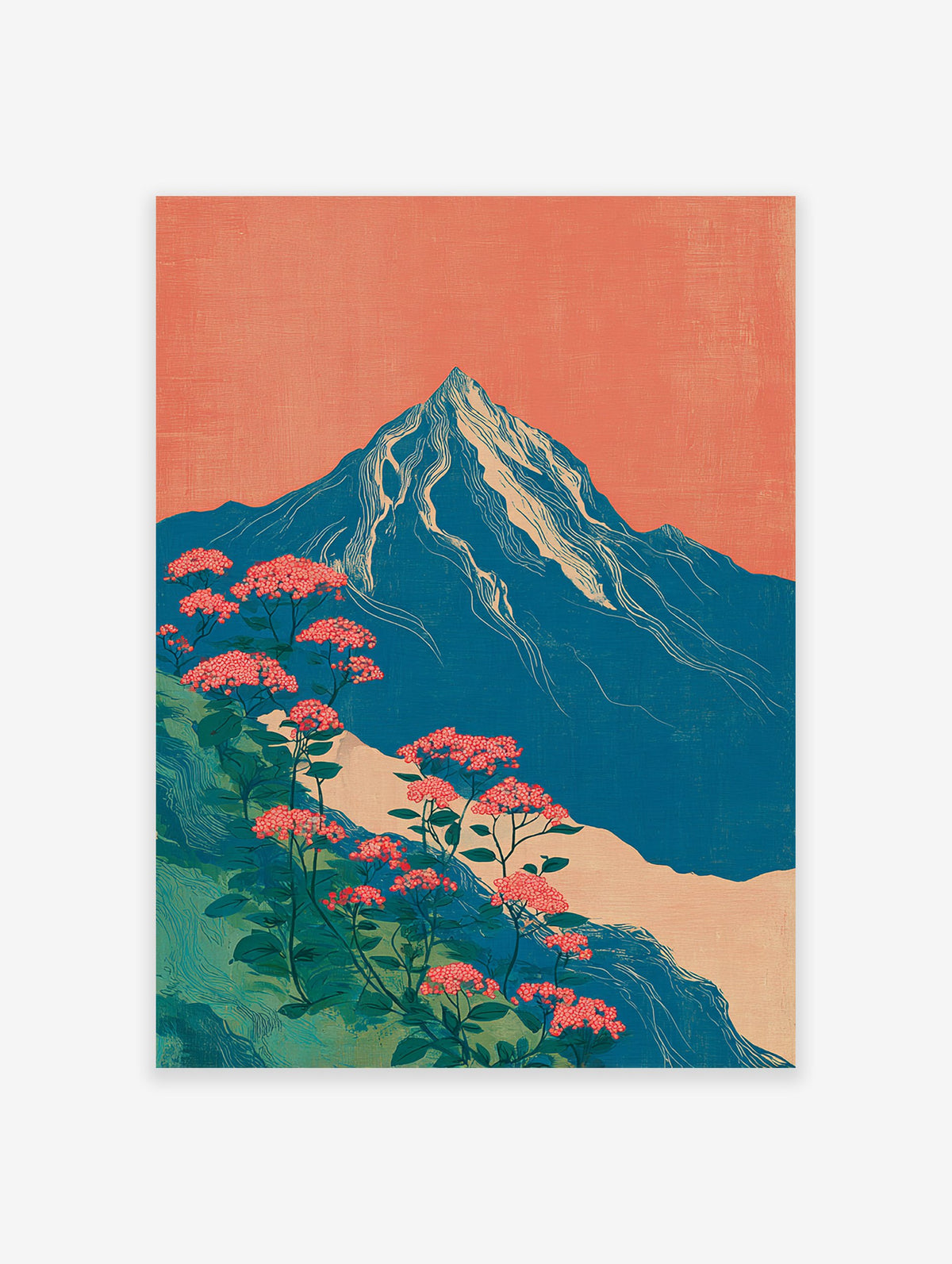 Japanese style mountain wall art with blue peak, white snow, pink flowers, green foliage, and coral sky.