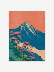 Japanese style mountain wall art with blue peak, white snow, pink flowers, green foliage, and coral sky.