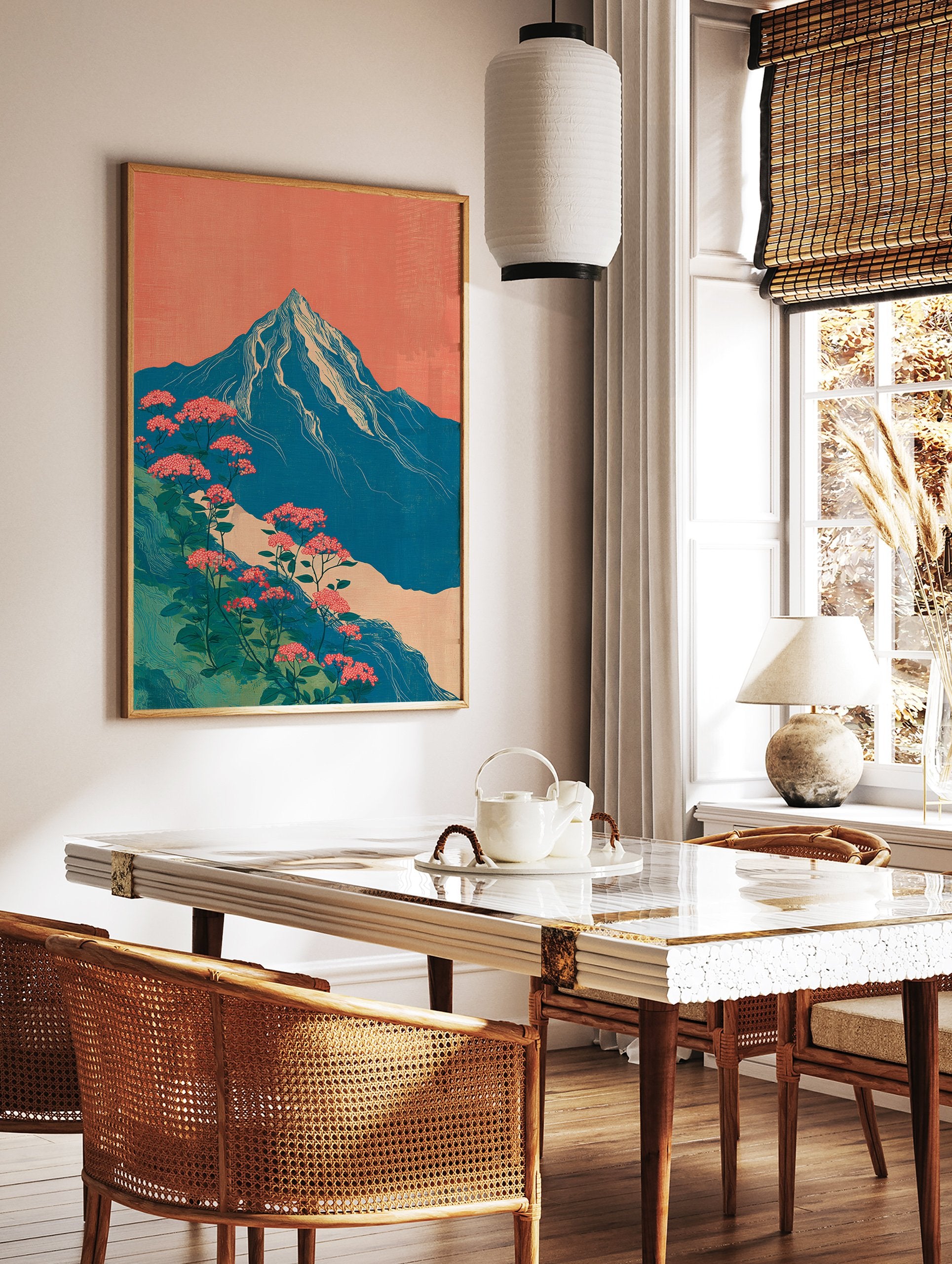 Japanese style mountain wall art with blue peak, white snow, pink flowers, green foliage, and coral sky. - Image 2