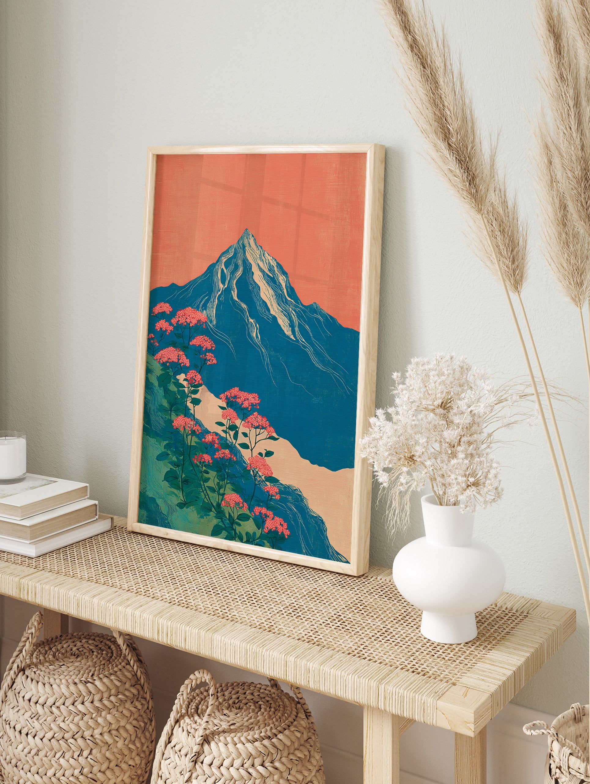 Japanese style mountain wall art with blue peak, white snow, pink flowers, green foliage, and coral sky. - Image 3