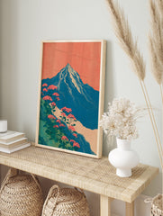 Japanese style mountain wall art with blue peak, white snow, pink flowers, green foliage, and coral sky. - Image 3