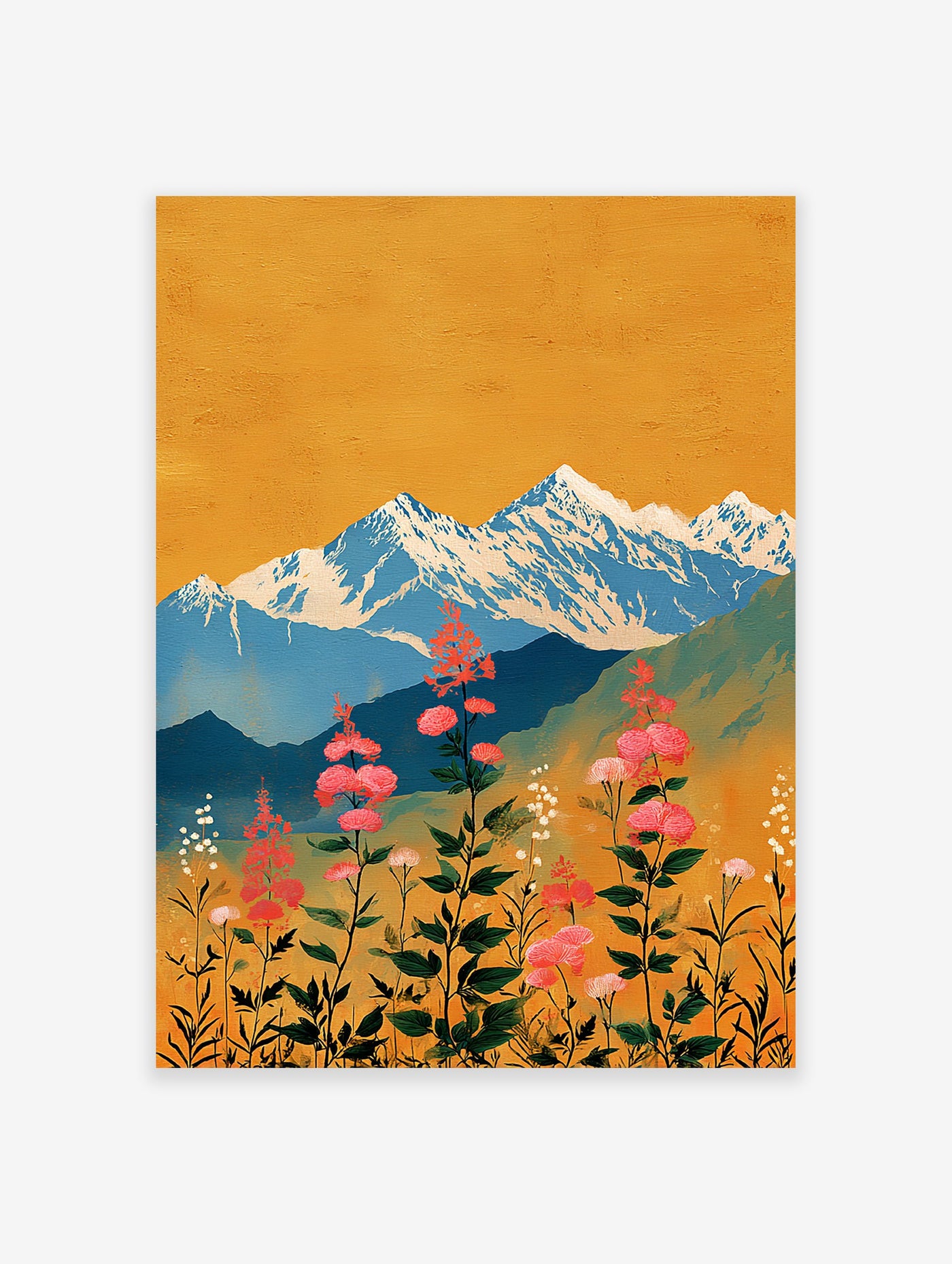 Vibrant mountain wall art featuring pink flowers in a meadow with blue snowy peaks and a golden yellow sky in an illustrative style.