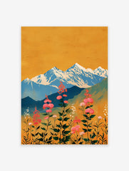 Vibrant mountain wall art featuring pink flowers in a meadow with blue snowy peaks and a golden yellow sky in an illustrative style.
