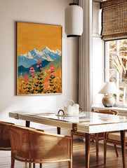 Vibrant mountain wall art featuring pink flowers in a meadow with blue snowy peaks and a golden yellow sky in an illustrative style. - Image 2