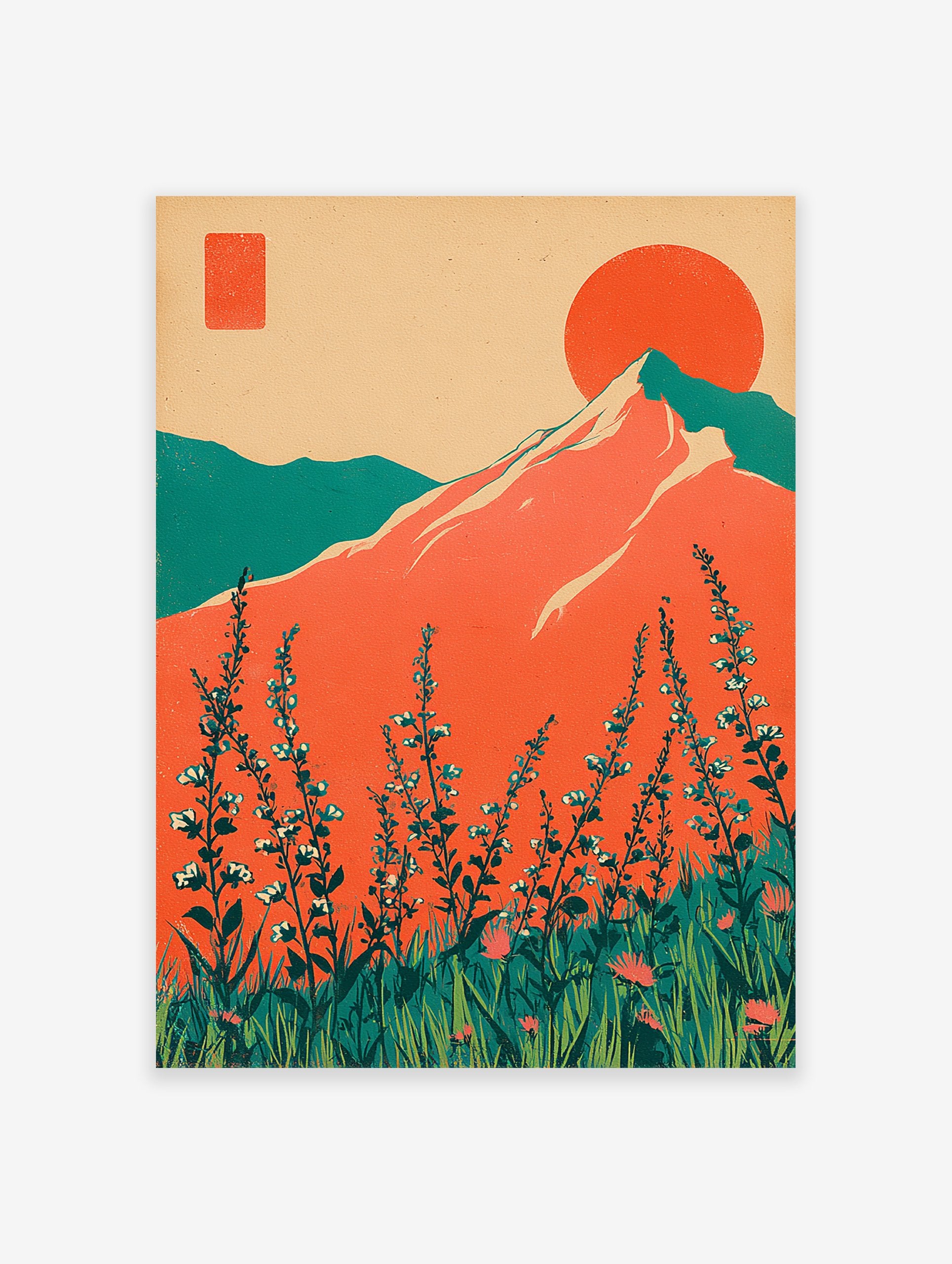 Retro mountain wall art with a large orange sun, teal mountains, and foreground wildflowers in a vibrant landscape.