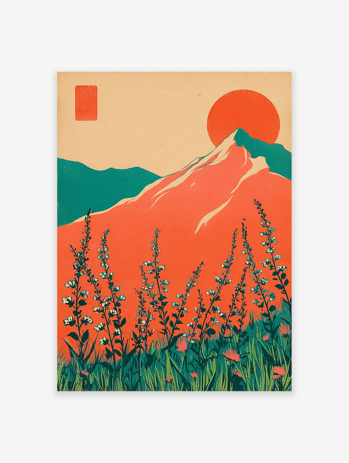 Retro mountain wall art with a large orange sun, teal mountains, and foreground wildflowers in a vibrant landscape.