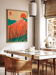 Retro mountain wall art with a large orange sun, teal mountains, and foreground wildflowers in a vibrant landscape. - Image 2