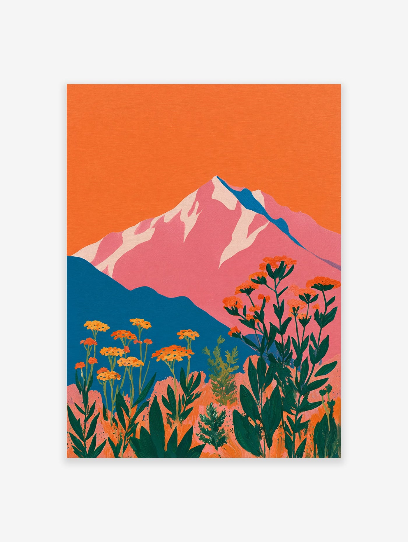 Vibrant mountain wall art with pink peaks, orange sky, teal hills, and foreground of orange botanical flowers and green leaves.