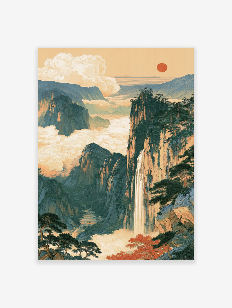 Mountain landscape art print with waterfall, pagoda, pine trees, and red sun in a traditional illustration style