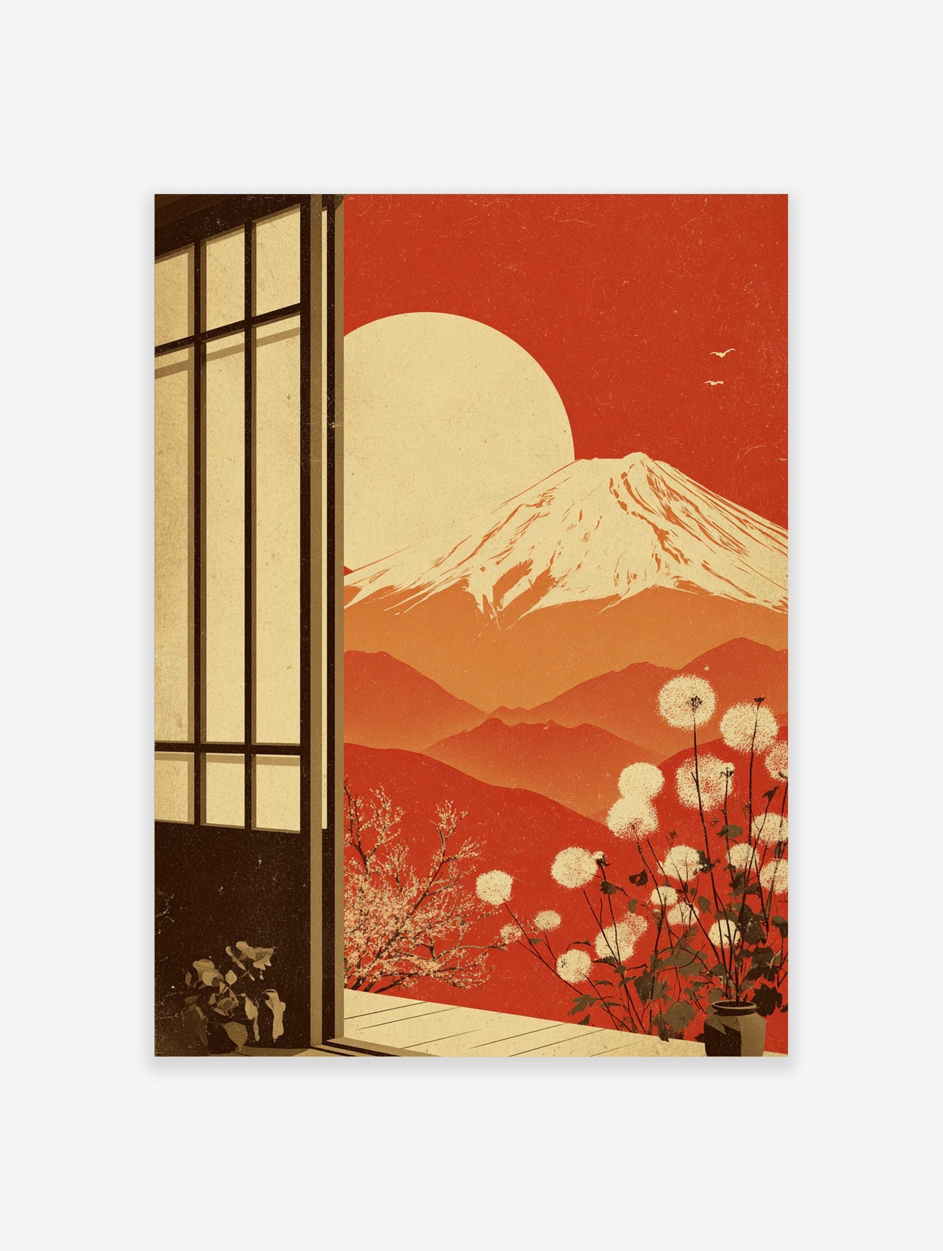 Illustrative Mount Fuji sunset art print viewed through a shoji screen, with dandelions and cherry blossoms