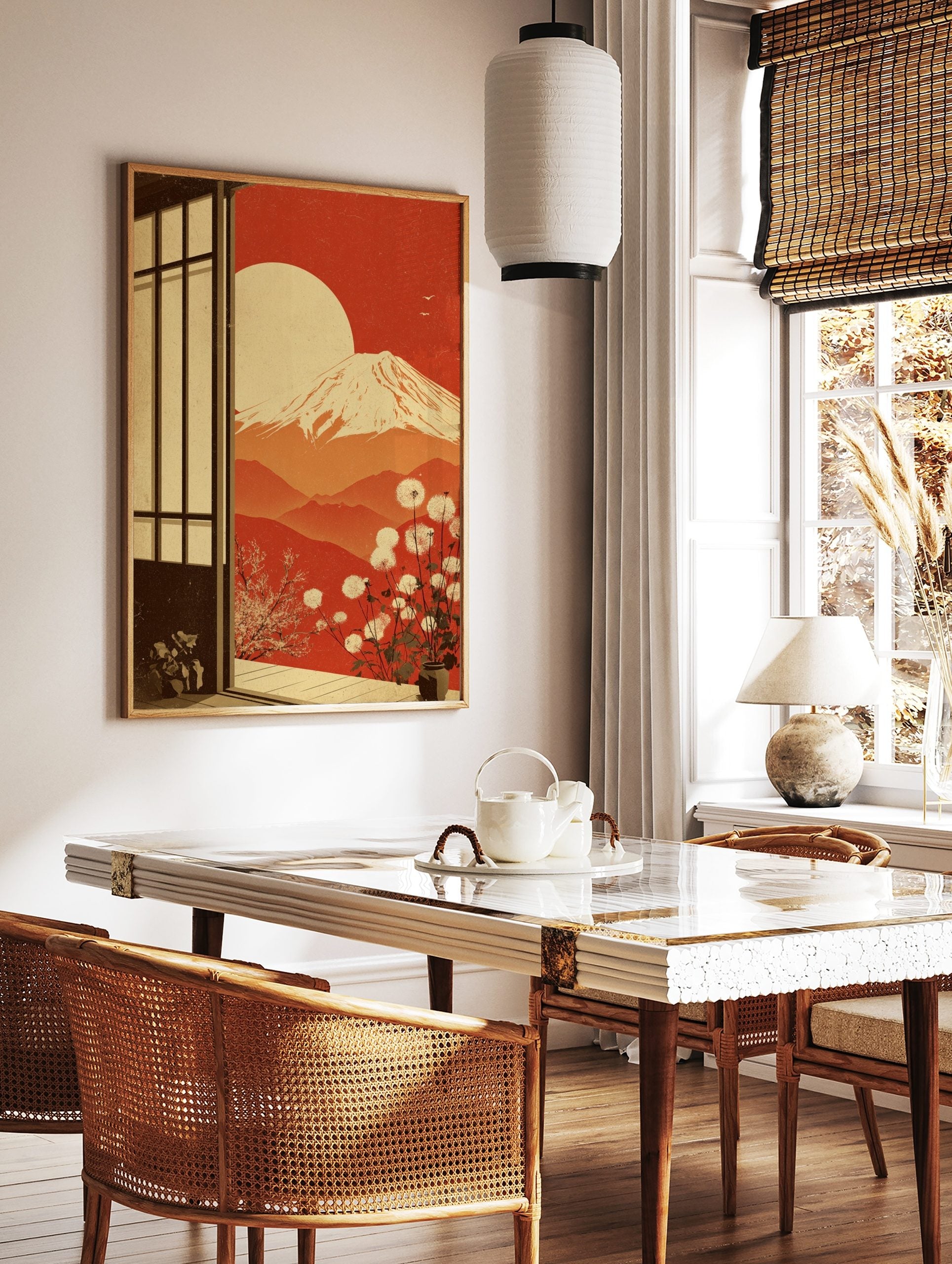 Illustrative Mount Fuji sunset art print viewed through a shoji screen, with dandelions and cherry, in a styled room mockup
