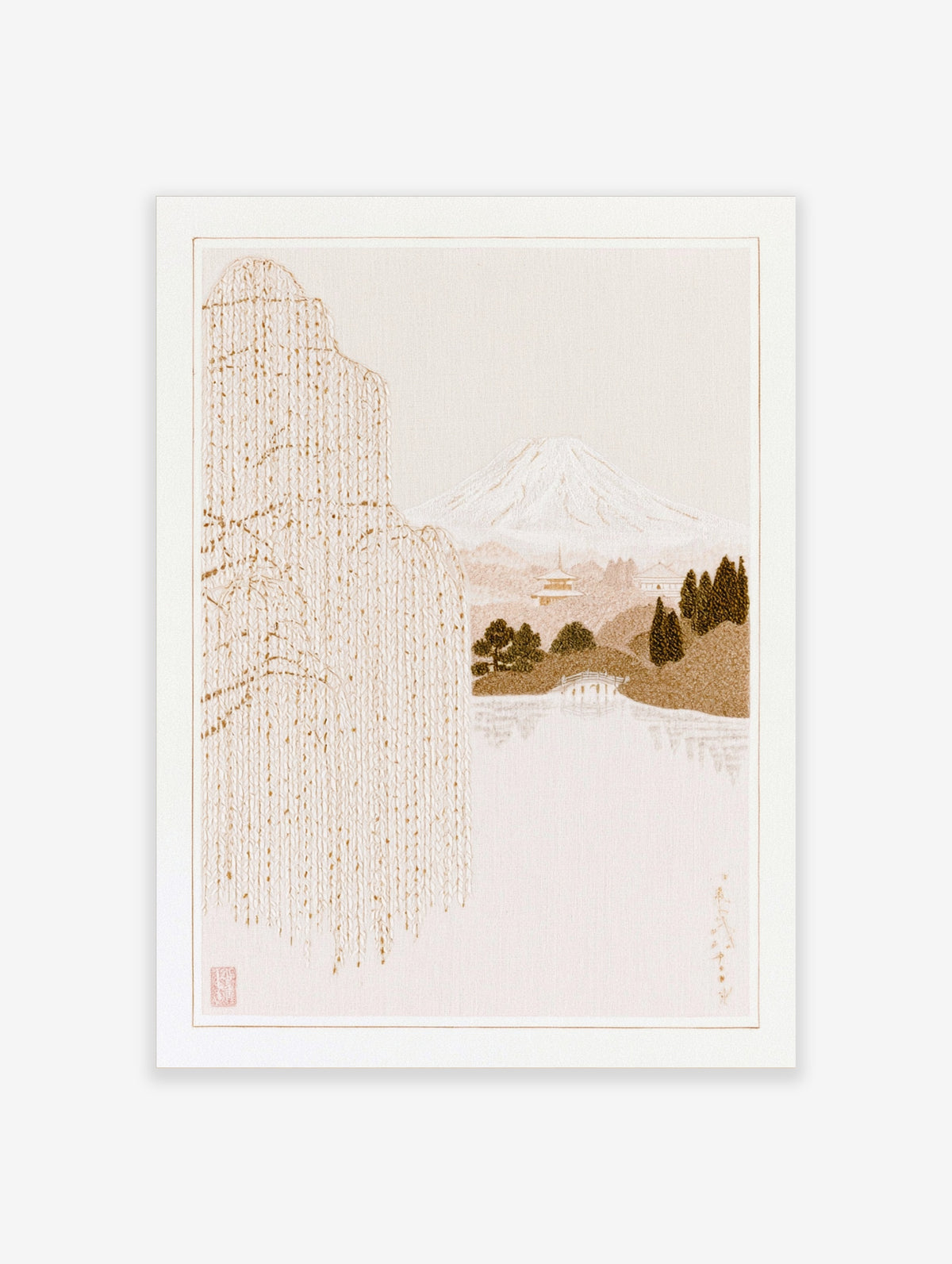 Japanese-style illustration of a weeping willow tree, Mt. Fuji, and a pagoda in a neutral monochrome palette