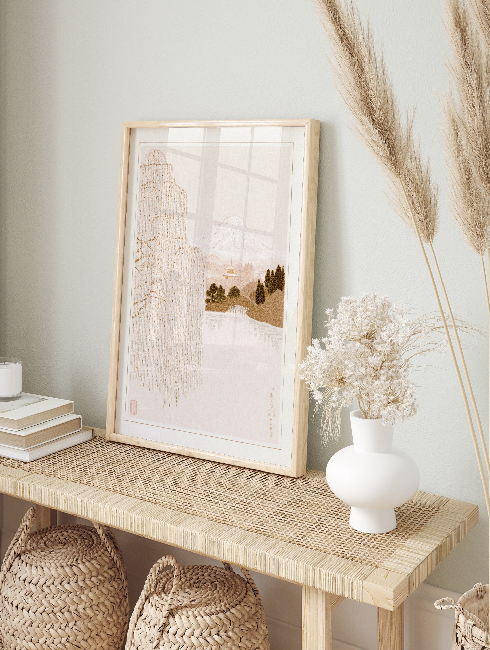 Japanese-style illustration of a weeping willow tree, Mt. Fuji, and a pagoda in a neutral, in an alternate framed mockup