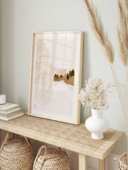 Japanese-style illustration of a weeping willow tree, Mt. Fuji, and a pagoda in a neutral, in an alternate framed mockup