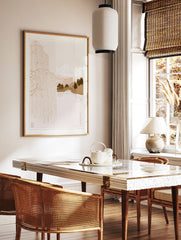 Japanese-style illustration of a weeping willow tree, Mt. Fuji, and a pagoda in a neutral, in a styled room mockup