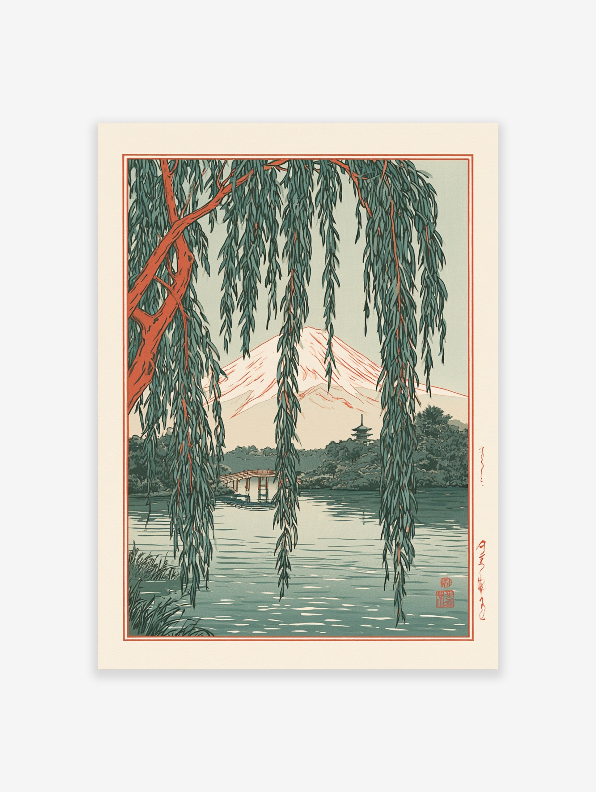 Japanese landscape art print featuring Mt. Fuji, a pagoda, and a bridge framed by hanging willow branches